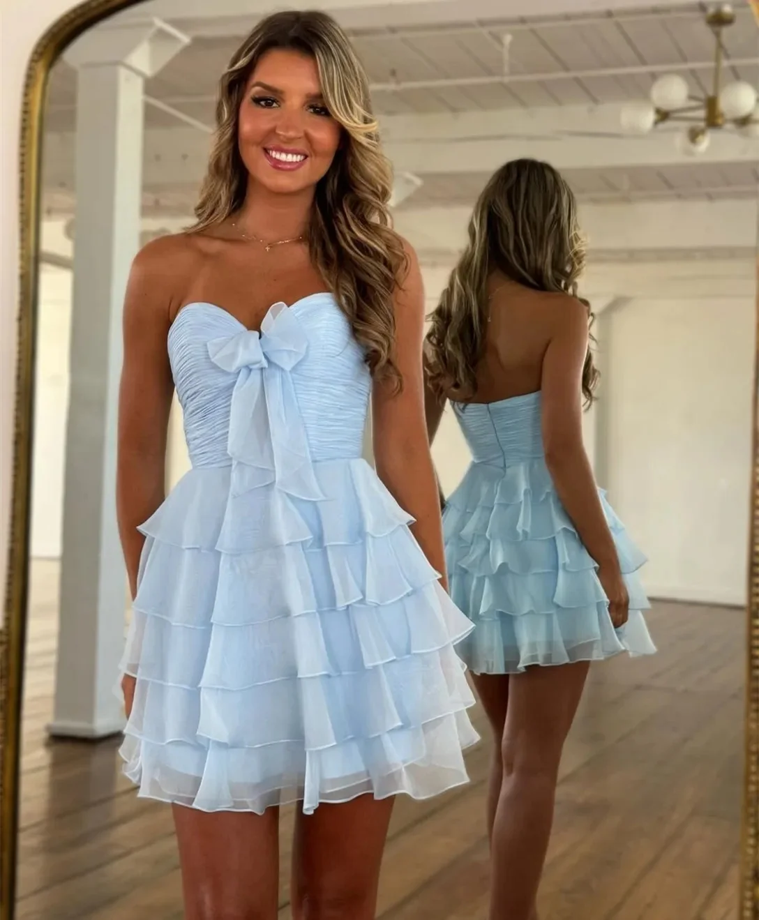 MD New Modern Chiffon A-line Mini Prom Gown 2025 Tiered Pleat Sleeveless robes de cocktail Corset Birthday Dress Customized 2025