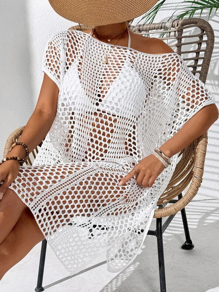 섹시한 여성용 솔리드 루즈 비키니 커버업, 속이 비치는 반팔 롱 비치 드레스, 레이디 브라질리언 수영복 커버업