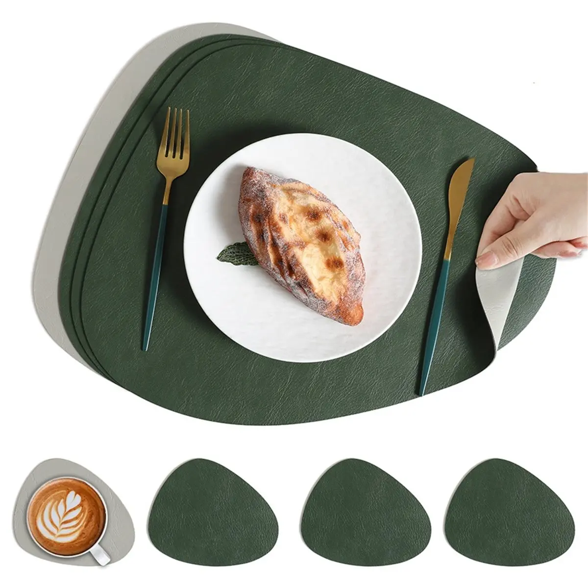 2026 New Teardrop PU Placemats Double-Sided Texture, Waterproof Oil-Proof Set 4Pcs for Dining Table, Home Decor Green