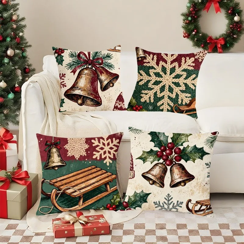 VIKAMA New retro Christmas pillow cover bell sleigh snowflake holly print living room sofa holiday decoration by pillowcase