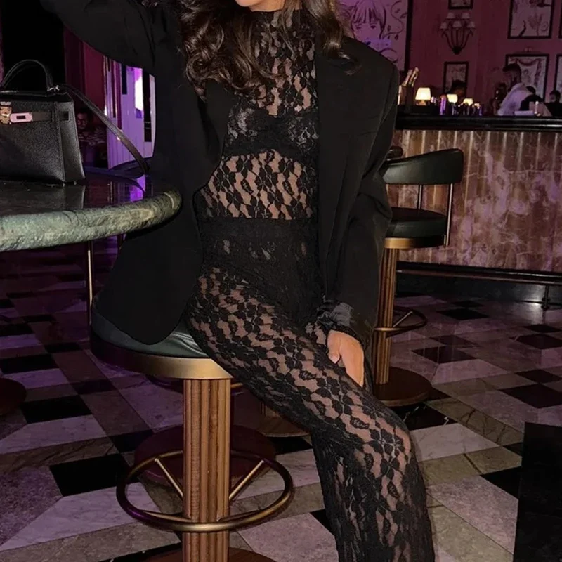 Slim Fit Lace Jumpsuit Tops & Pants Set Sexy Full Sleeve Flower Hollow Out Design O-Neck Sexy Jumpsuit Fashion High Waist Pants