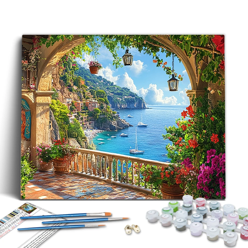 

RUOPOTY Paint By Numbers Balcony Indoor Scenery Sea View Landscape Watercolor Modern Paintings On Number With Frame Handwork Kit