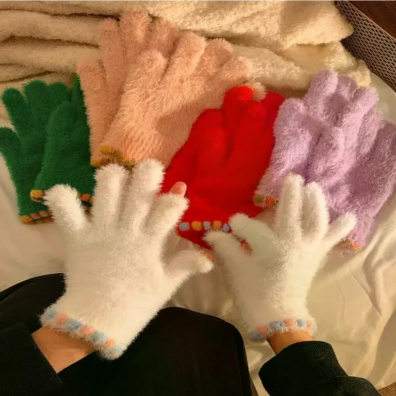 Cute Open Finger Touch Screen Plush Five Finger Gloves For Women In Winter, Warm And Thick Velvet For Cycling Students