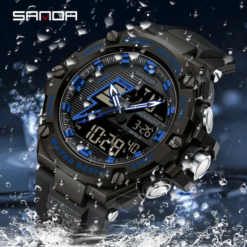 SANDA jam tangan pria Stopwatch kedap air jam tangan pria Chronograph Electron jam tangan olahraga luar ruangan Quartz tampilan ganda jam tangan Digital LED