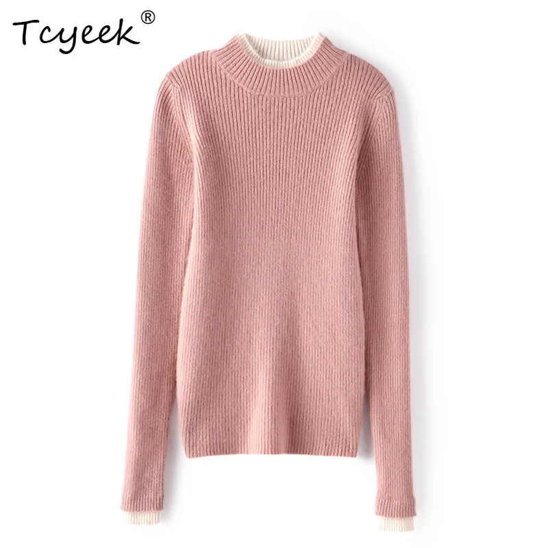 

Tcyeek, 100% Cashmere Elegant Sweater, Fake Two-piece Semi High Neck Base Sweater Slim and Fashion, Autumn and Winter T48922KS