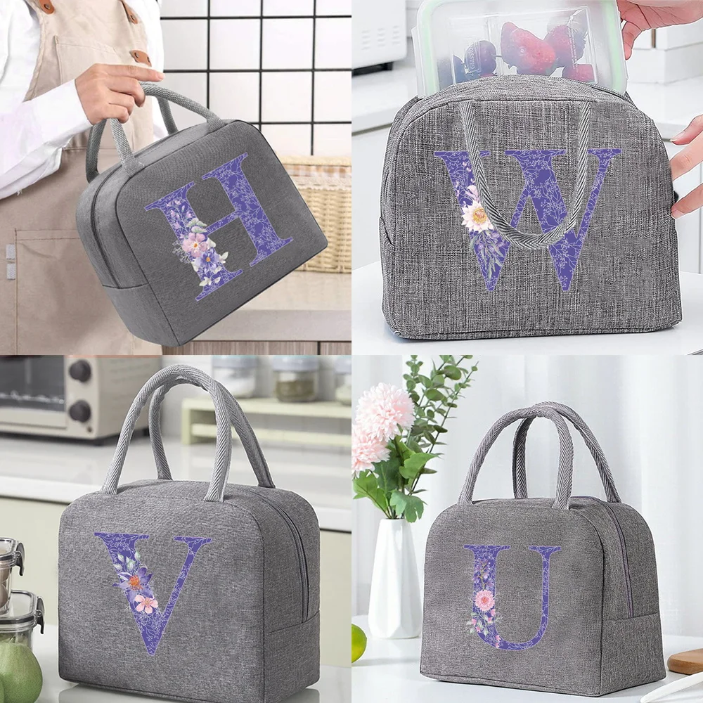 Thermal Lunch Dinner Bags Purple Flower Letter Handbag Picnic Travel Breakfast Box School Convenient Lunch Bag Tote Food Bag