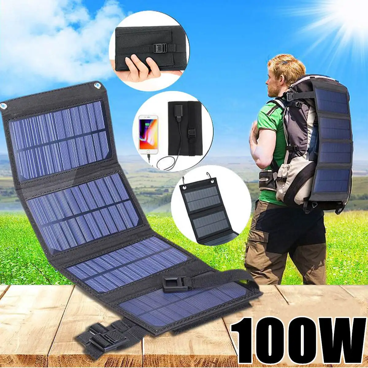 100W Foldable Solar Panel 5V Portable Battery Charger USB Port Outdoor Waterproof Power Bank for Phone PC Car RV Boat Camping