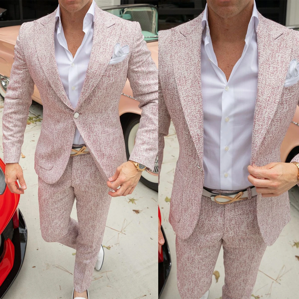 

Pink Wool Tweed Winter Suit For Men Slim Fit Formal Groom Tuxedos 2 Pieces Wedding Male Suits