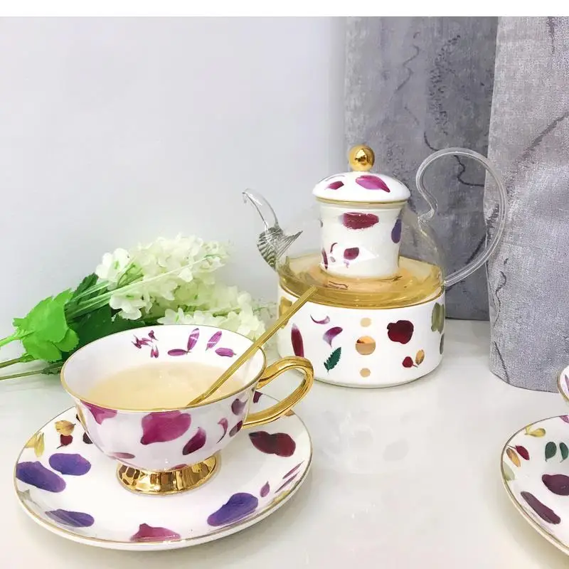 Ceramic Coffee Cup Home Decoration Tea Set Heating Base Round Small Tray Golden Spoon Afternoon