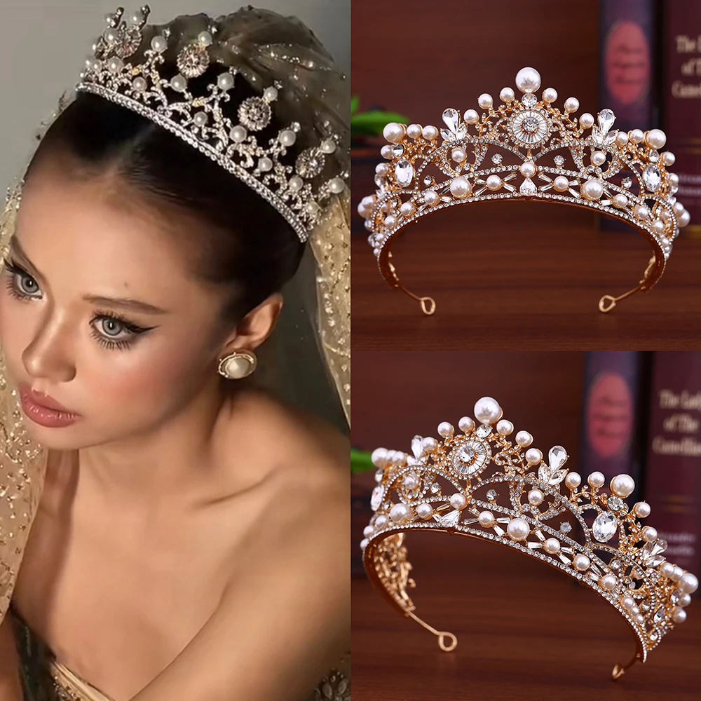 

Европейская золотая свадебная корона для волос, диадемы с жемчугом и стразами, роскошная повязка на голову, аксессуары для головных уборов