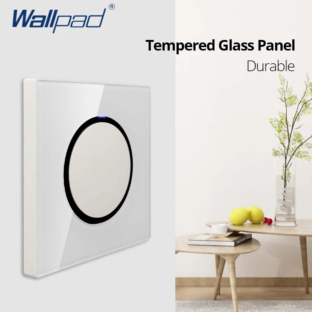 Wallpad White Glass Panel Blue LED Indicator Push Button Wall Light Switch and Socket Electric Outlet AC110-220V 16A