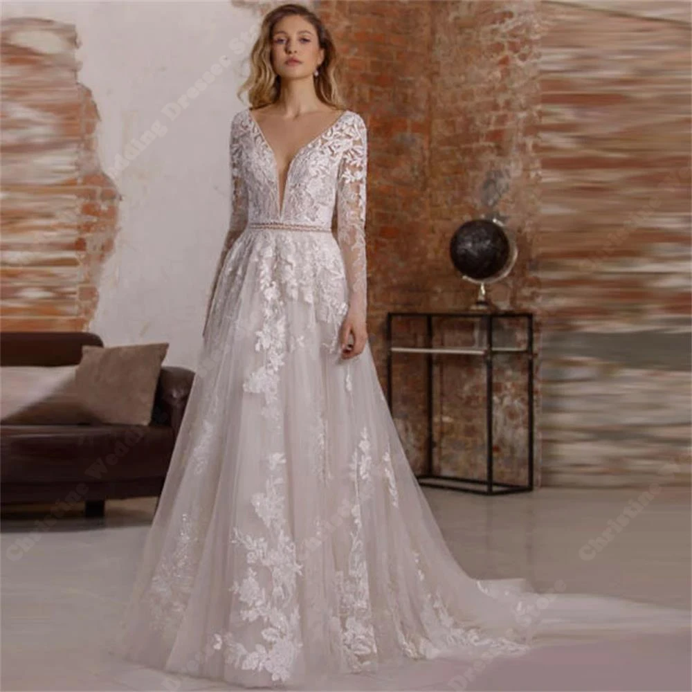 

Vintage Tulle Long Sleeve Wedding Dresses For Women Bright Colored Sheer A-Line Bridal Gowns New Lace Appliques Vestido De Novia