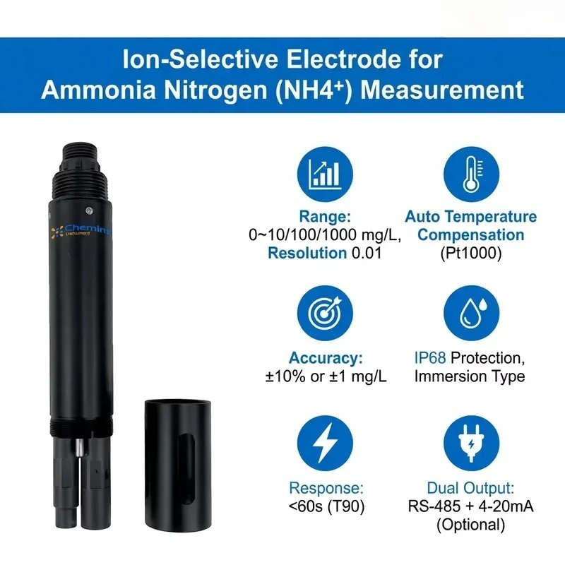 RS485 Ion Selective Electrode Ammonium Nitrogen Sensor Online Water Quality for Aquaculture Wastewater Treatment