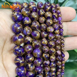 Smooth Natural Purple Golden Lace Cloisonne Stone Round Beads 4/6/8/10/12mm Bracelet Accessories for Jewelry Making 15