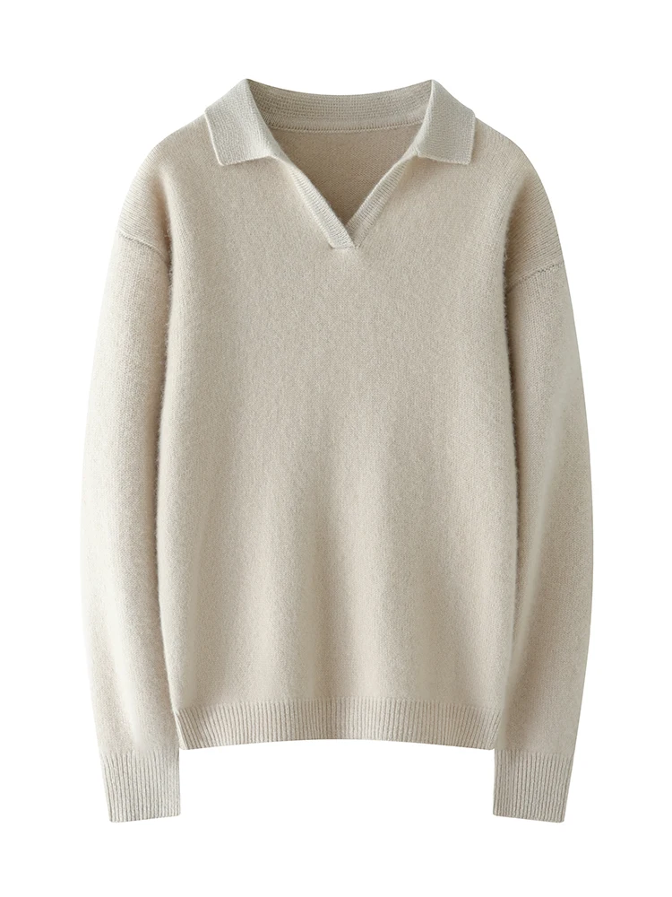 TLOML 여성용 100% 캐시미어 스웨터 턴 다운 칼라 v 넥 풀오버 캐시미어 니트웨어 정장 가을 겨울 부드럽고 따뜻한 캐주얼 탑