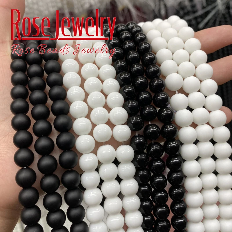 Natural White Black Dull Polished Matte Onyx Agates Beads Round Loose Beads For Jewelry Making DIY Bracelets 15