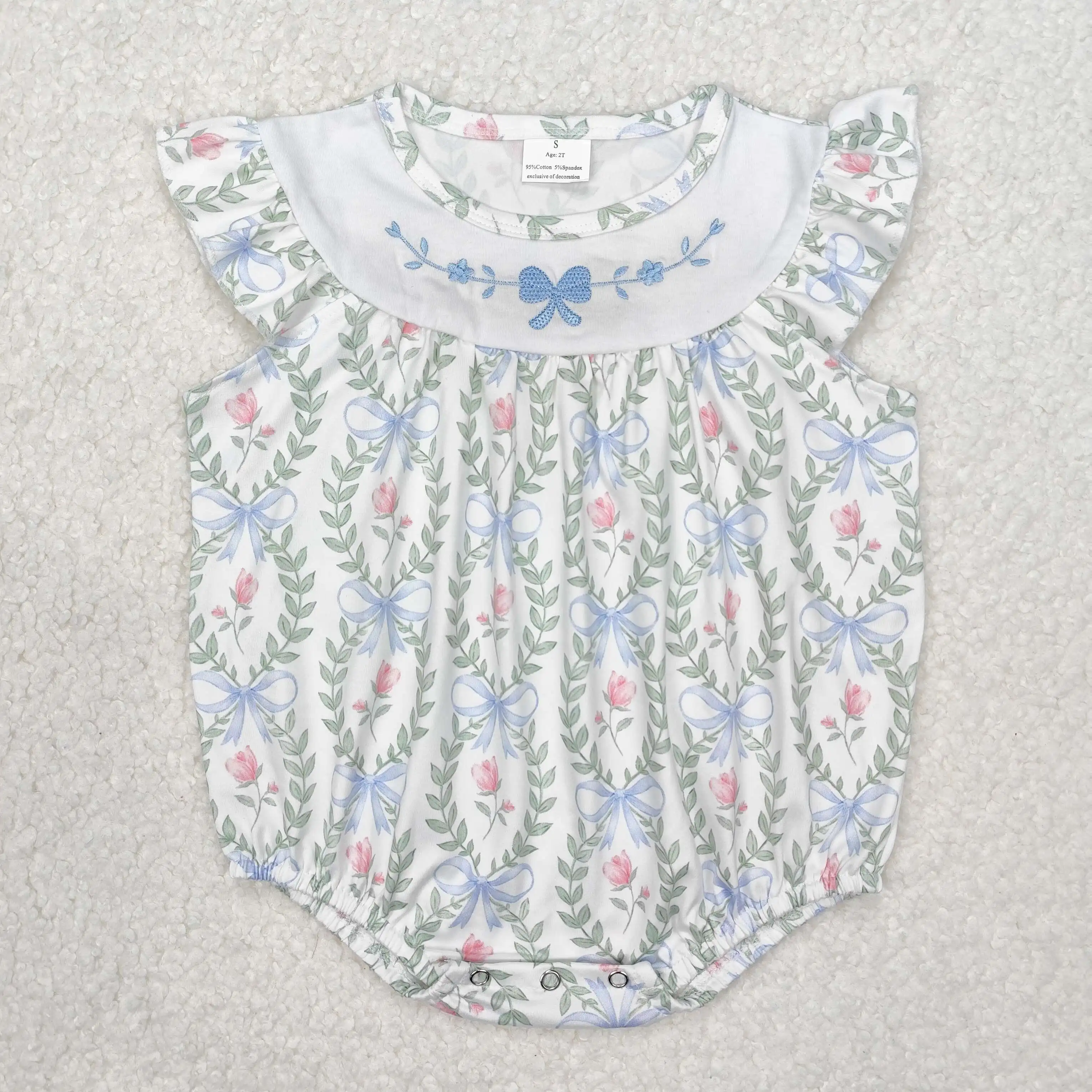 SR2543 Wholesale baby rompers girls dress Embroidered bow pattern flower flying sleeve Romper Summer Boutique kids clothes girl