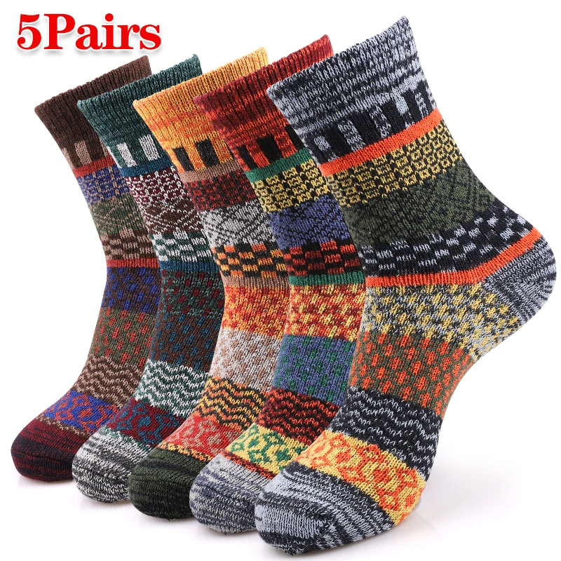 

5Pairs Winter Retro American Workwear Thick Warm Men's Socks Thicker Ethnic Style Mid-Calf Socks Cold Snow Terry Sock