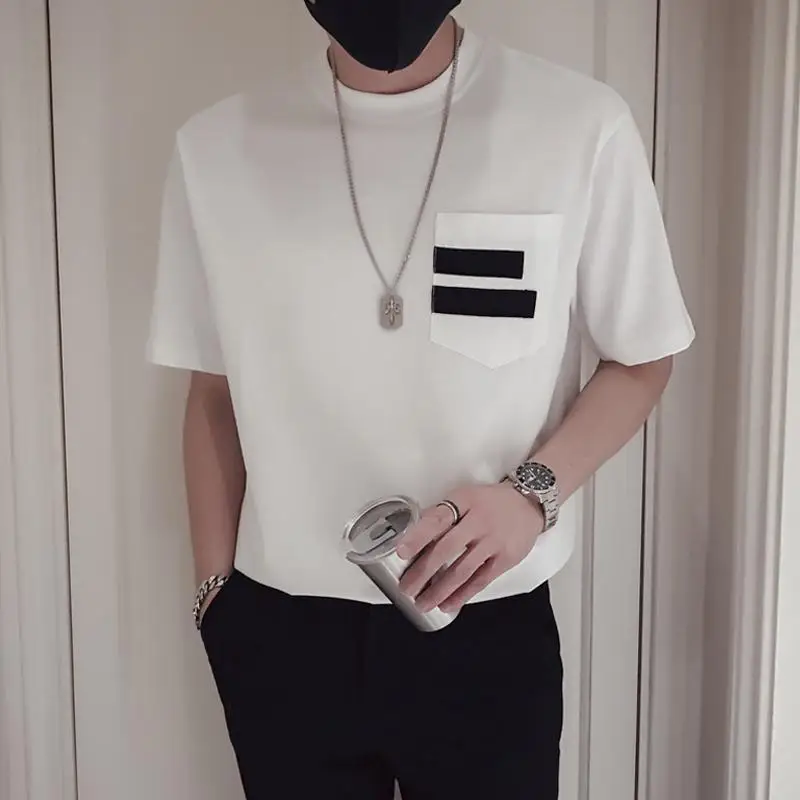

Men Trendy Contrast Color Black White Simple Cotton Basic T Shirt Casual Round Neck Short Sleeve Pocket Loose Tops Ropa Hombre