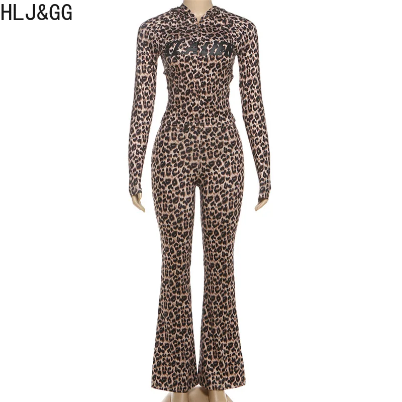 HLJ&GG Fashion Leopard Letter Print Hooded Two Piece Sets Women Zipper Long Sleeve Top And Skinny Pants Outfit Autumn Streetwear