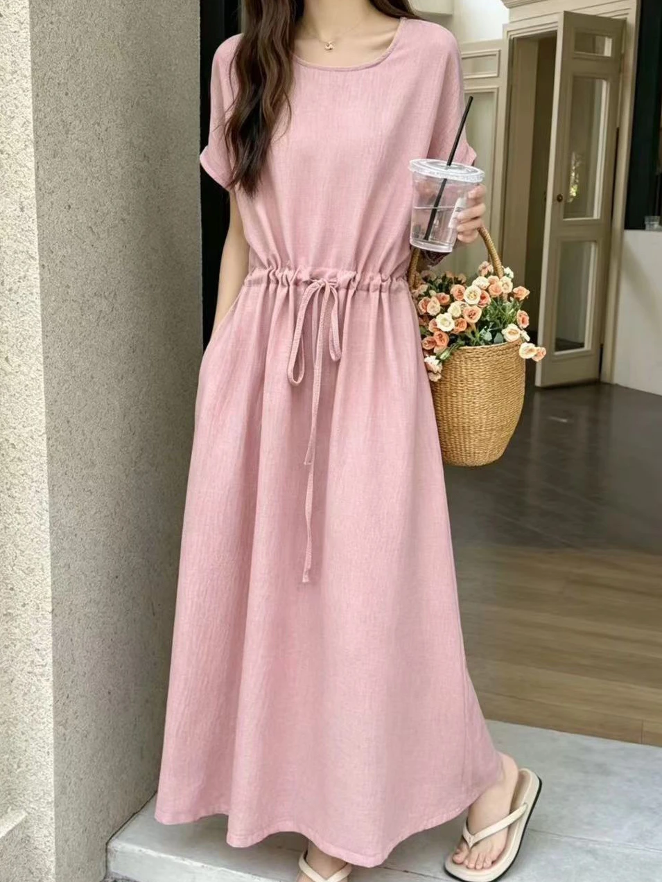 Chic round Neck Short Sleeve Dress Women Loose Drawstring Waist Slimming Texture Straight Tube Long Dress Trendy Casual Cotto...