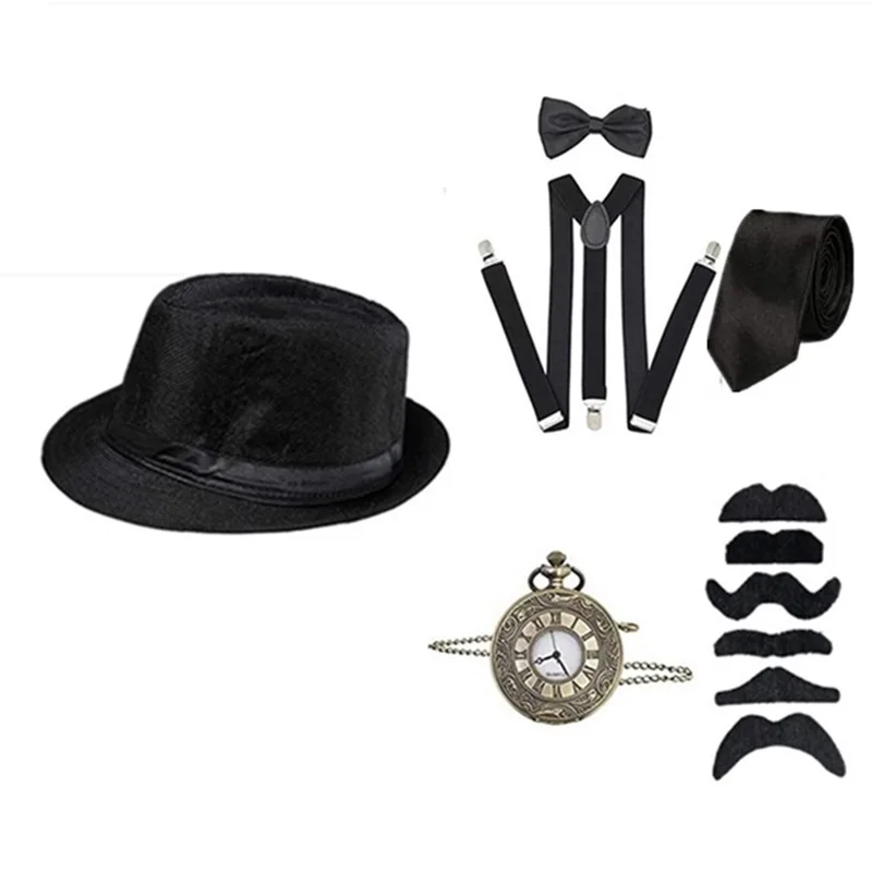 Halloween Retro Medieval 1920s Makeup Ball Party Men Cosplay Gong Tingfeng Top Hat Pocket Watch Strap Tie Hat Set