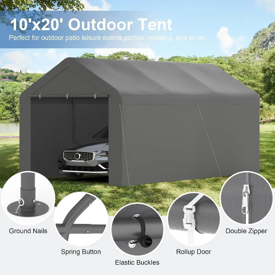 Carport 10x20 Heavy Duty Outdoor Car Canopy Shelter for Vehicles in Grey with UV Protection, Waterproof Rust-Proof Material, Ea