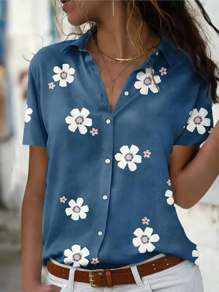 Camisa con botones cómoda e informal holgada con cuello de manga corta y estampado de flores a la moda adelgazante para primavera y verano para mujer