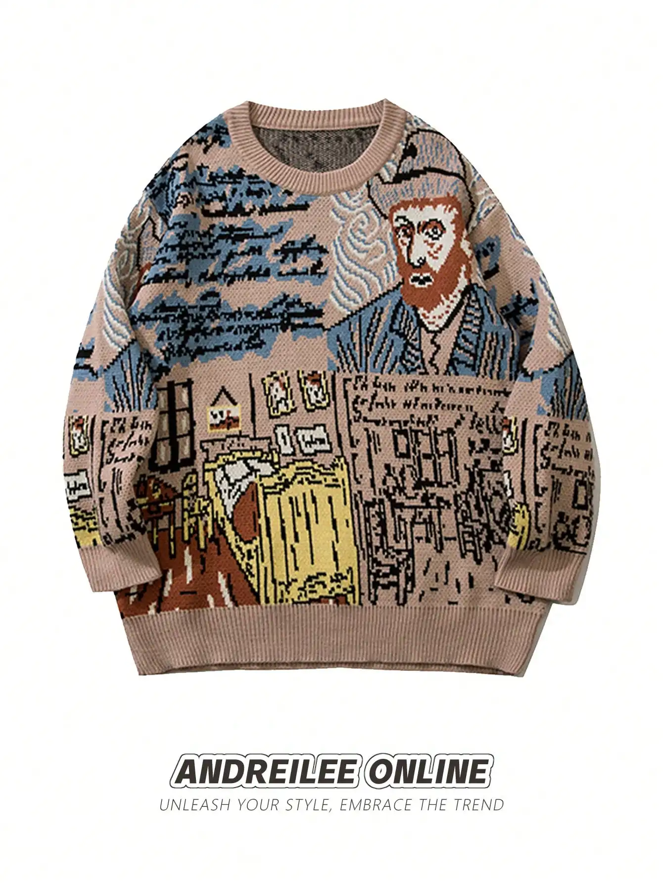Men's Van Gogh Bedroom Pattern Drop Shoulder Sweater