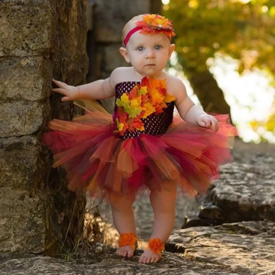 Fall Autumn Girl Tutu Dress Baby Toddler Brown Leaf Birthday Party Role Play Dress Up 0-9Y Kids Halloween Thanksgiving Costumes