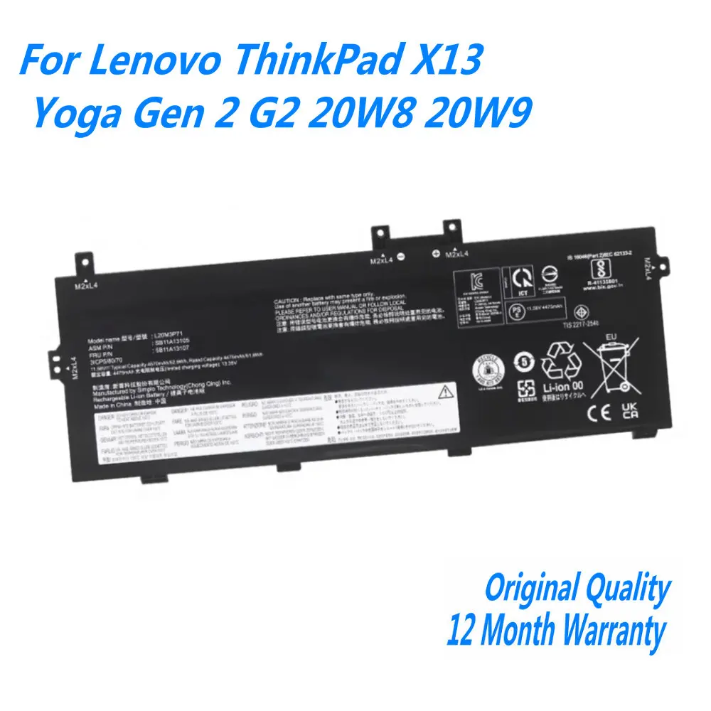 

New L20M3P71 Laptop Battery For Lenovo ThinkPad X13 Yoga Gen 2 G2 20W8 20W9 L20L3P71 L20C3P71 L20D3P71 5B11A13107 SB11A14634