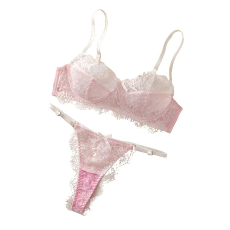 

Сексуальный комплект белья: бюстгальтер и трусики с кружевом, романтичное нижнее белье с эффектом пэчворк, удобное розовое кружевное белье, стринги, женский прозрачный экзотический комплект.