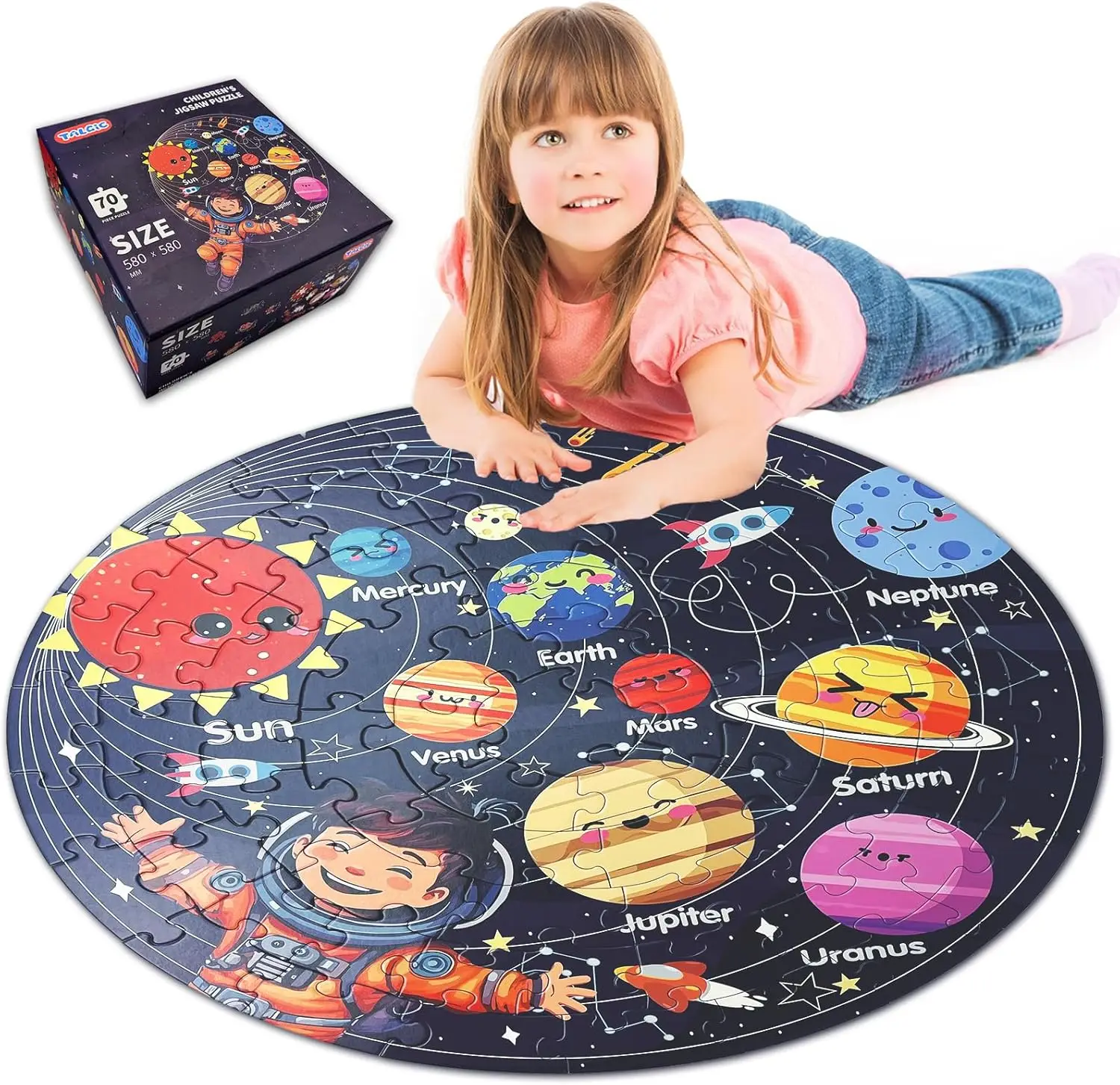 

70-Piece Solar System Floor Puzzle for Kids Ages 3-8, Round Jigsaw Educational Toy