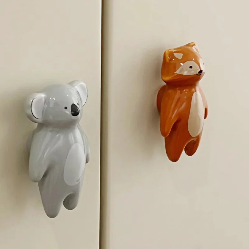 Ceramic Animal Kids Room Dresser Drawer Knobs, Wardrobe Cupboard Closet Door Handle Pulls Furniture Hardware Fox Lion Raccoon