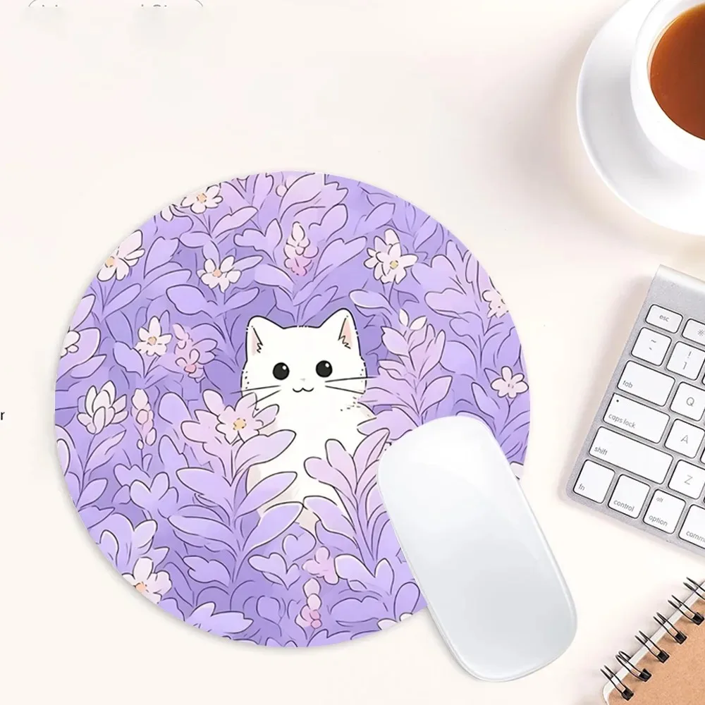Round Mouse Pad Cute White Cat Desk Pad Purple Lavender Rubber Mousepad Aesthetic Deskmats Accessory for Office Laptop Computer