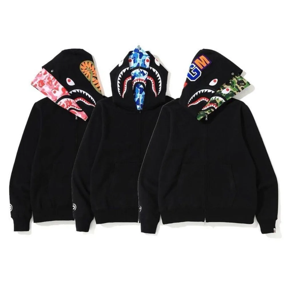 Instagram Shark Coat Double Hat Series Nightglow Camo Hooded Male and Female Student Couple Hip Hop Cardigan Zipper Sweater Gift