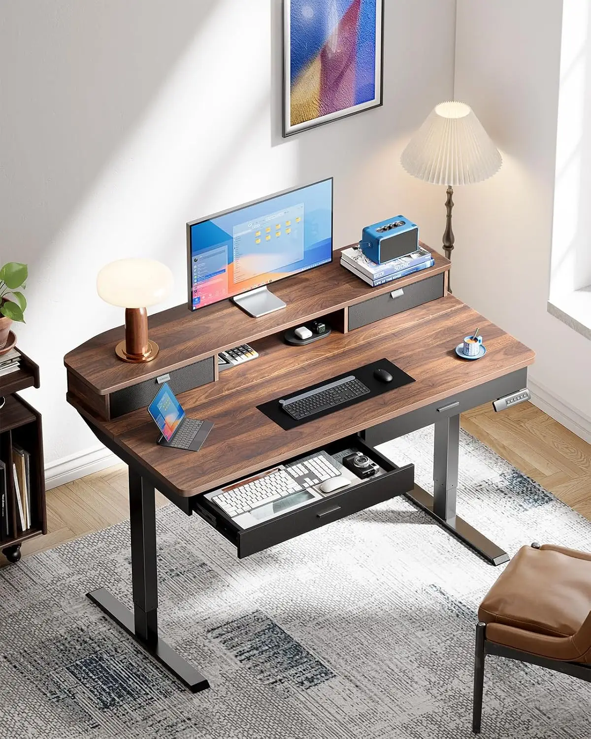 Electric Standing Desk 48x30 Inch 4 Drawers Walnut, Deeper Desktop Cable Tray Monitor Mount Grommet 27.9-46.8 Inch Height Adjust