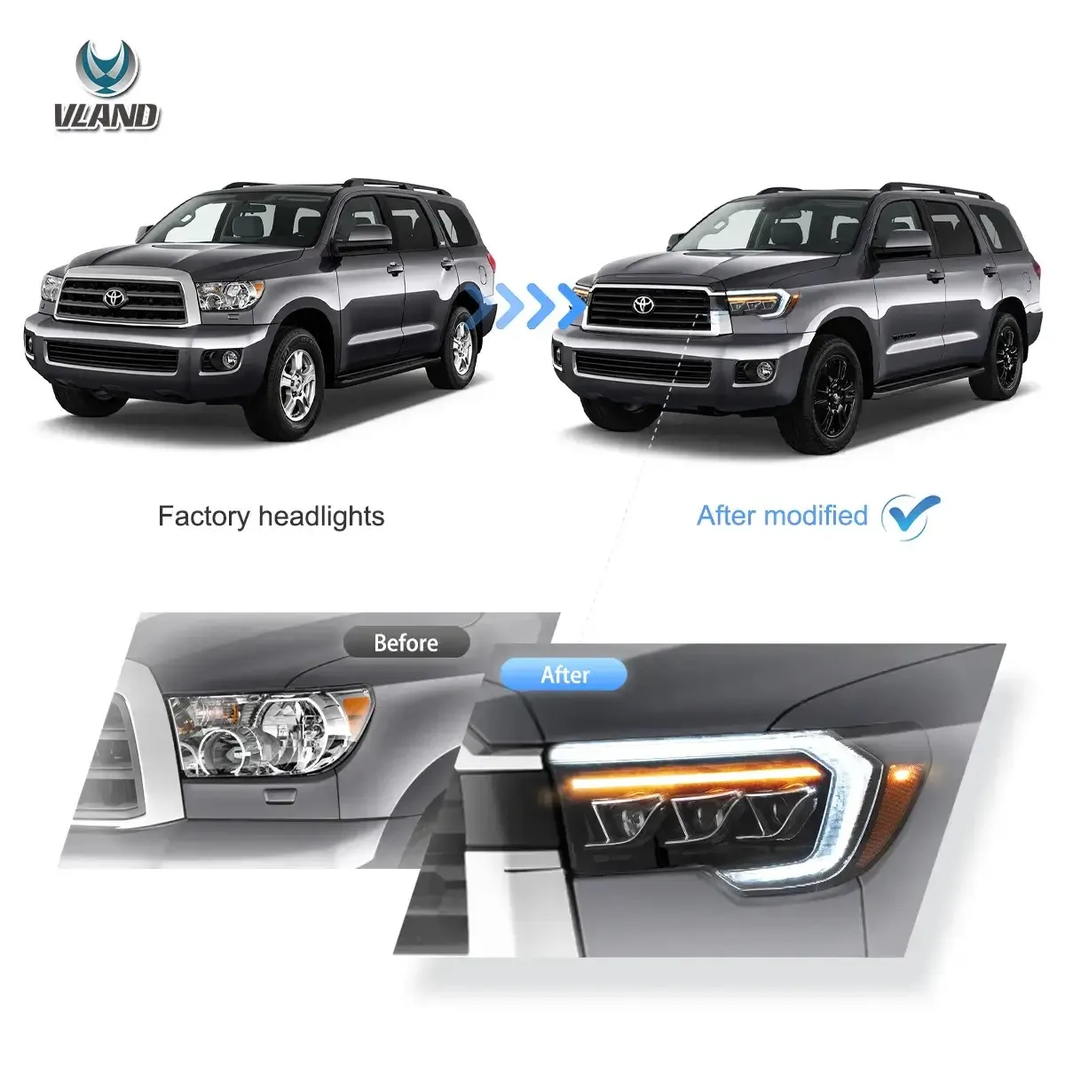 07-13 e 08-21 VLAND Proiettore a matrice LED Fari Nero per Tundra Sequoia con aggiornamento sequenziale degli indicatori di direzione DRL