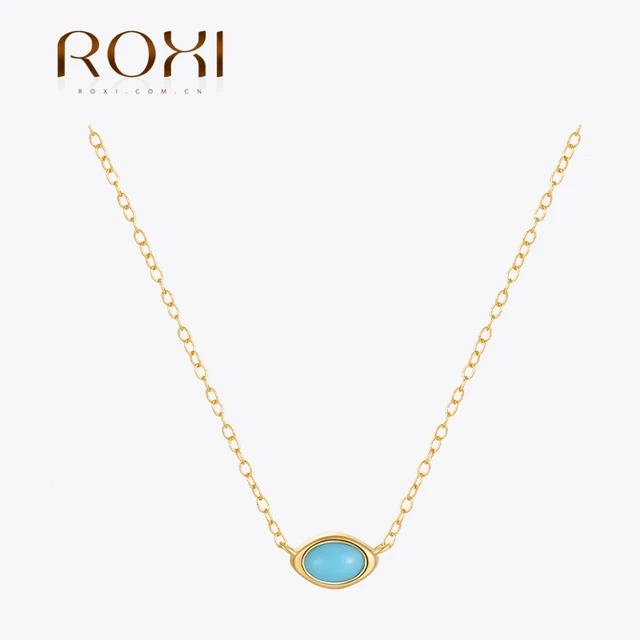 ROXI 925 Sterling Silver elipsa naturalny turkusowy naszyjnik dla kobiet łańcuszek do obojczyka delikatny wesele biżuteria na prezent