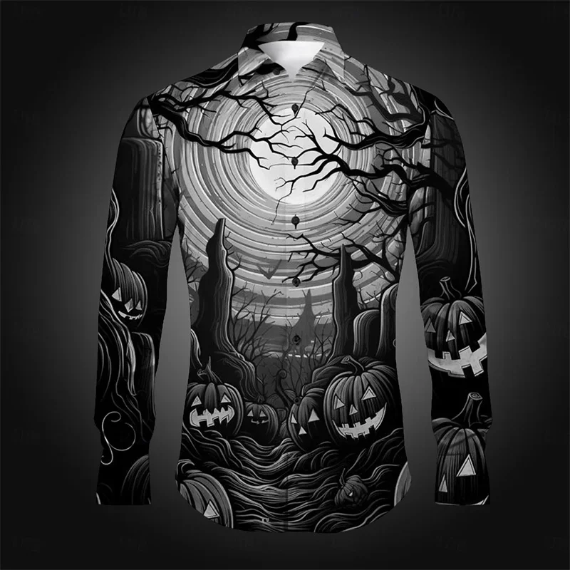 Men\'s Halloween Pumpkin Ghost Face Shirt, Horror Button Lapel Shirt, Long Sleeve, Party, Evening, Autumn, 3D Printing, 6XL