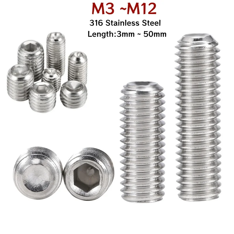 2~100pcs  316 Stainless Steel Hexagon Hex Socket Cup Point Headless Grub Set Screws Concave End DIN916 M3 M4 M5 M6 M8 M10 M12