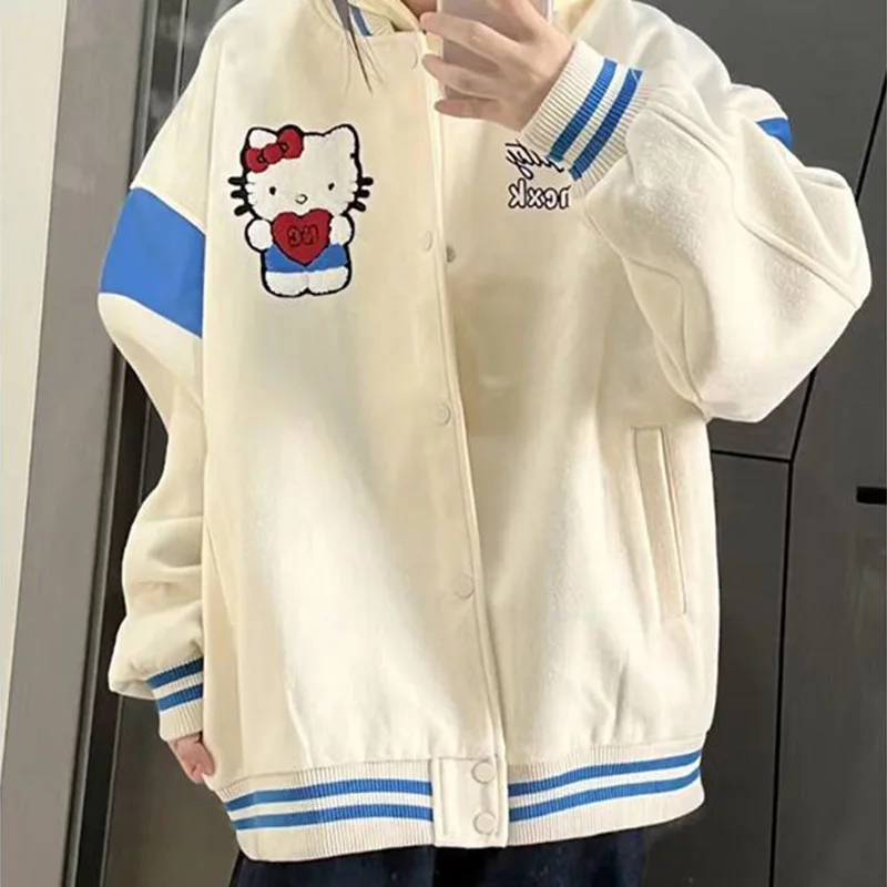 Cute Hello Kitty Baseball Uniform Kawaii Cartoon American Style Retro Loose Simple Autumn Winter Couple Jacket Top Girl Gifts