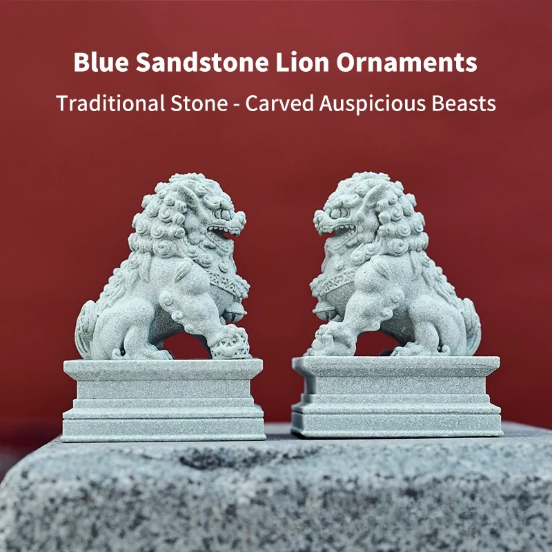 Blue Sandstone Lion Ornaments, Traditional Stone - Carved Auspicious Beasts, Multi - Size Tea Pet Desktop Decor