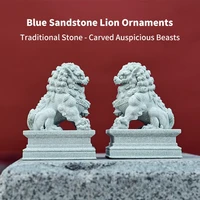 Blue Sandstone Lion Ornaments, Traditional Stone - Carved Auspicious Beasts, Multi - Size Tea Pet Desktop Decor