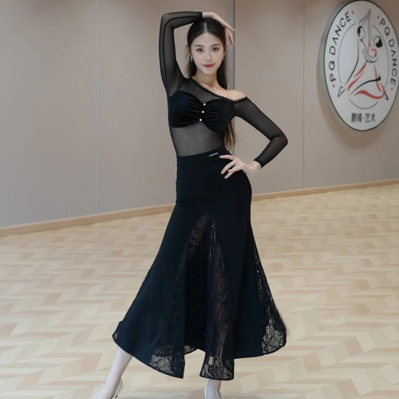 

Новая черная современная танцевальная одежда, женские платья для вальса, бальных танцев, соревнований, тренировочные костюмы для латинских танцев для взрослых, SL14456