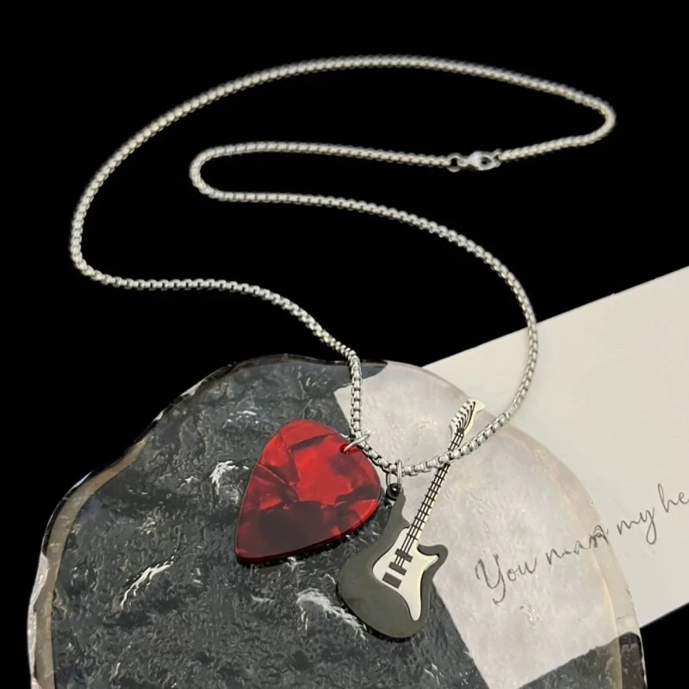 Hip-hop Guitar Pick Pendant Necklace Titanium Steel Punk Guitar Chain Choker Vintage Trendy Electric Guitar Sweater Chain Boys