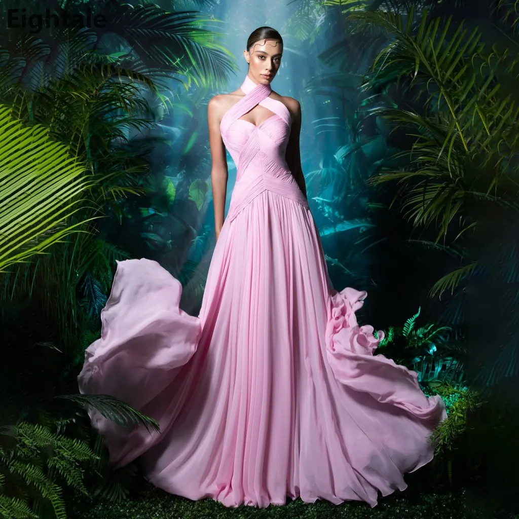 Eightale 2026 Pink Halter Neck Evening Gown Pleated Chiffon Flowy A‑Line Dubai Formal Party Gown Prom Customized