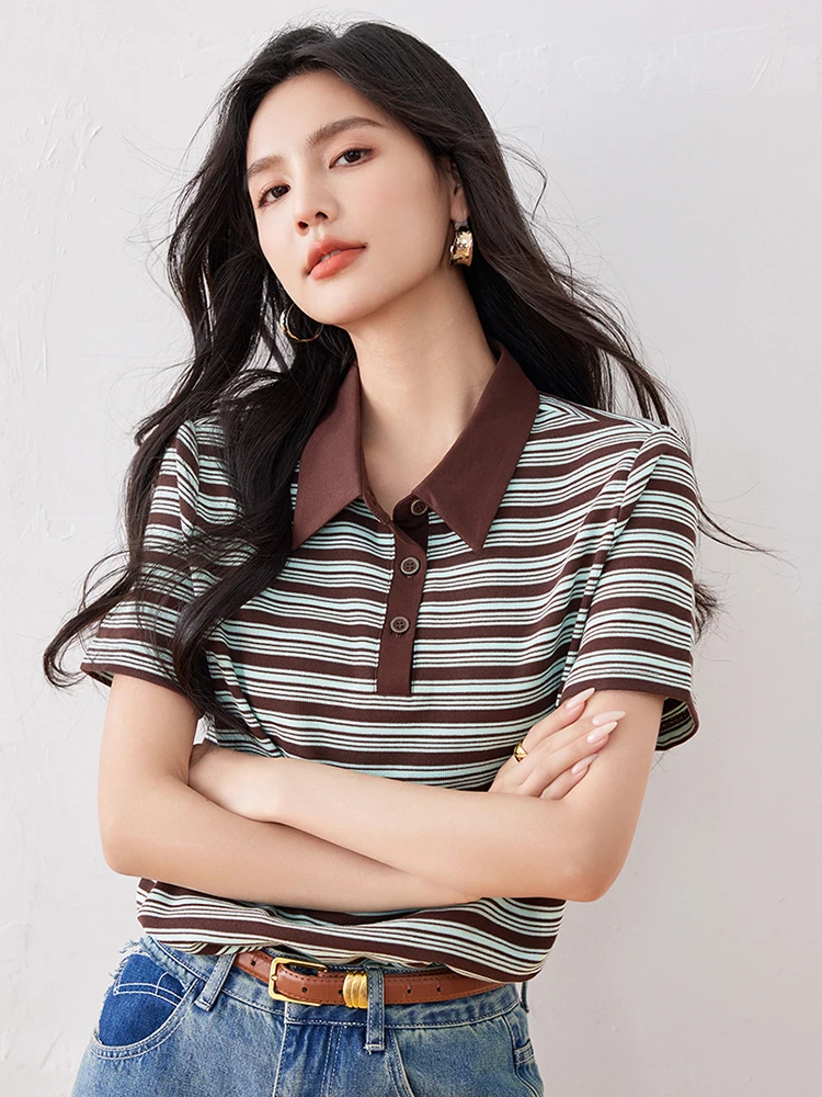 Korean Style Women Retro Stripe Short Sleeve T-shirt Summer New Fashion Casual T-Shirt All-match Lapel Pullover Tops