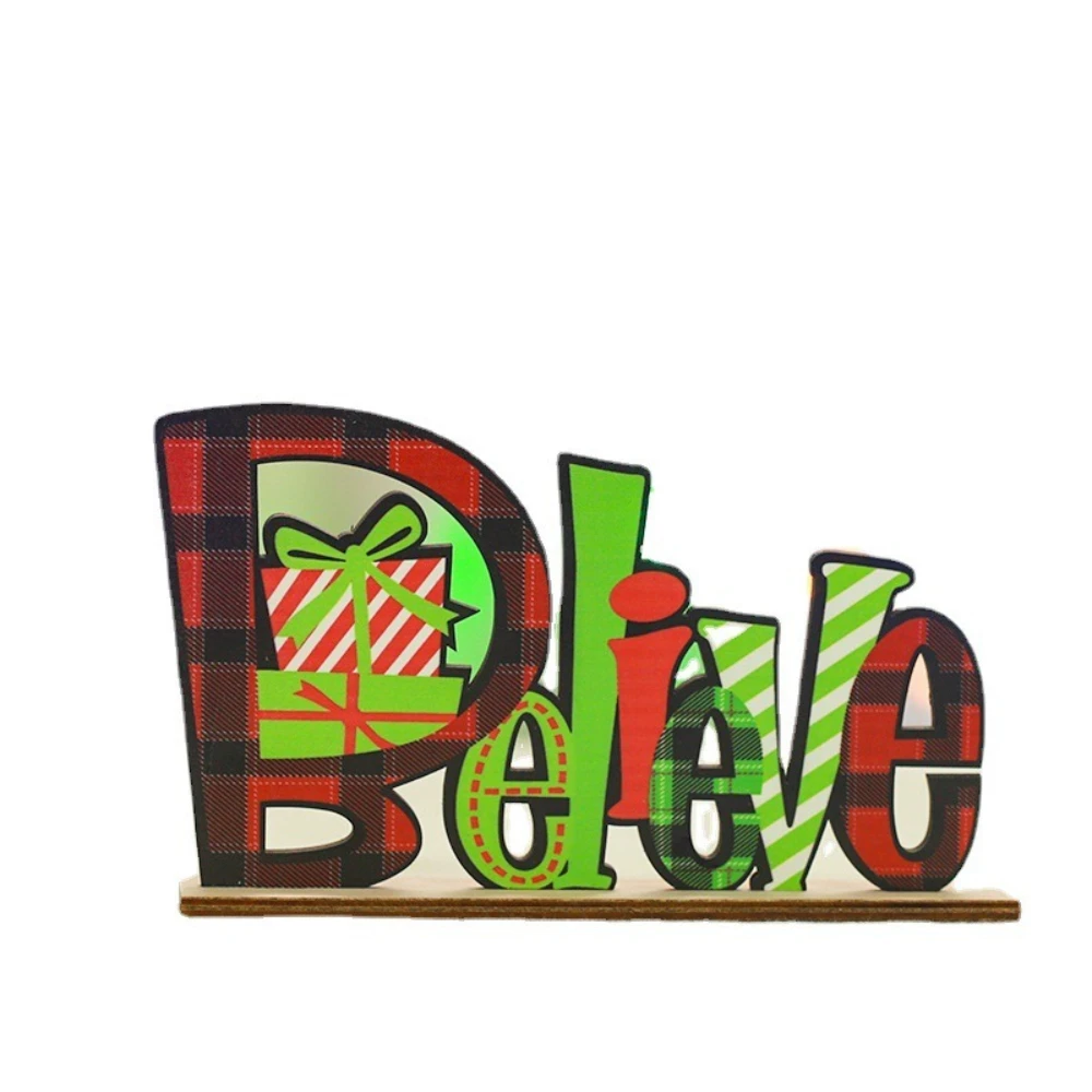 

2pcs Wooden English Printed Rudolf Figurine Christmas Home Punk Table Decoration English Faceless Old Man Office Figurine Gift