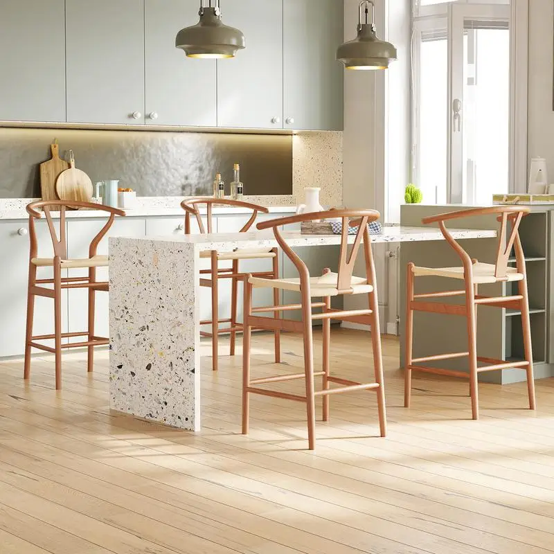 مقاعد بار ذات ارتفاع منسوج، كراسي بار الروطان المجمعة بالكامل لجزيرة المطبخ، قطعة واحدة، لمسة نهائية من خشب الجوز